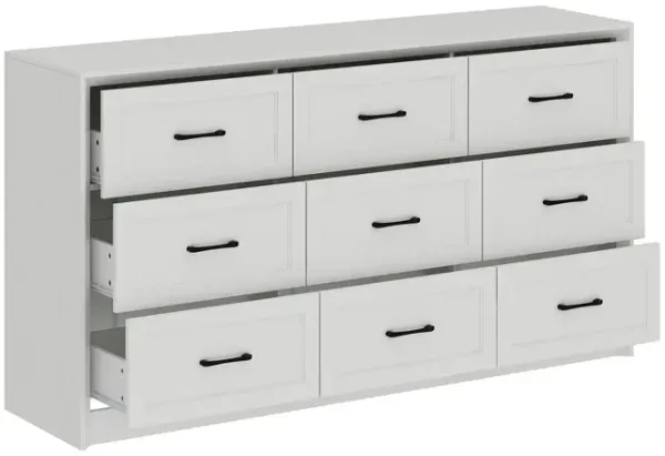 FUFU&GAGA 9-Drawer Dresser with Black Metal Handles, White Woodgrain Finish (62.2"W x 15.7"D x 33.5"H),White
