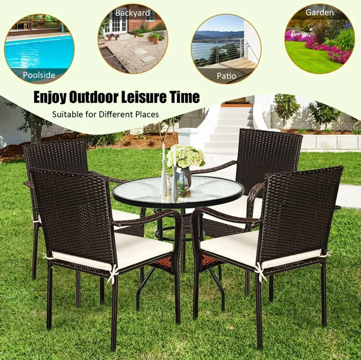 Set of 4 Patio Rattan Stackable Dining Chair with Cushioned Armrest for Garden