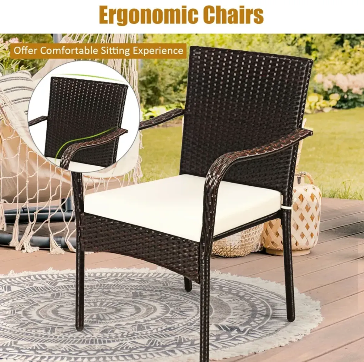 Set of 4 Patio Rattan Stackable Dining Chair with Cushioned Armrest for Garden