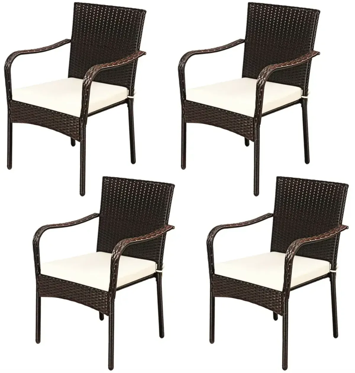 Set of 4 Patio Rattan Stackable Dining Chair with Cushioned Armrest for Garden