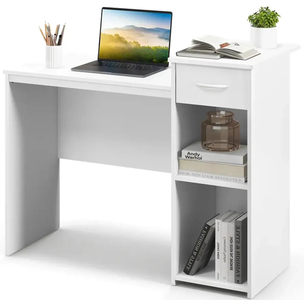 Computer Desk with Drawer Modern Laptop PC Desk with Adjustable Shelf and Cable Hole-White