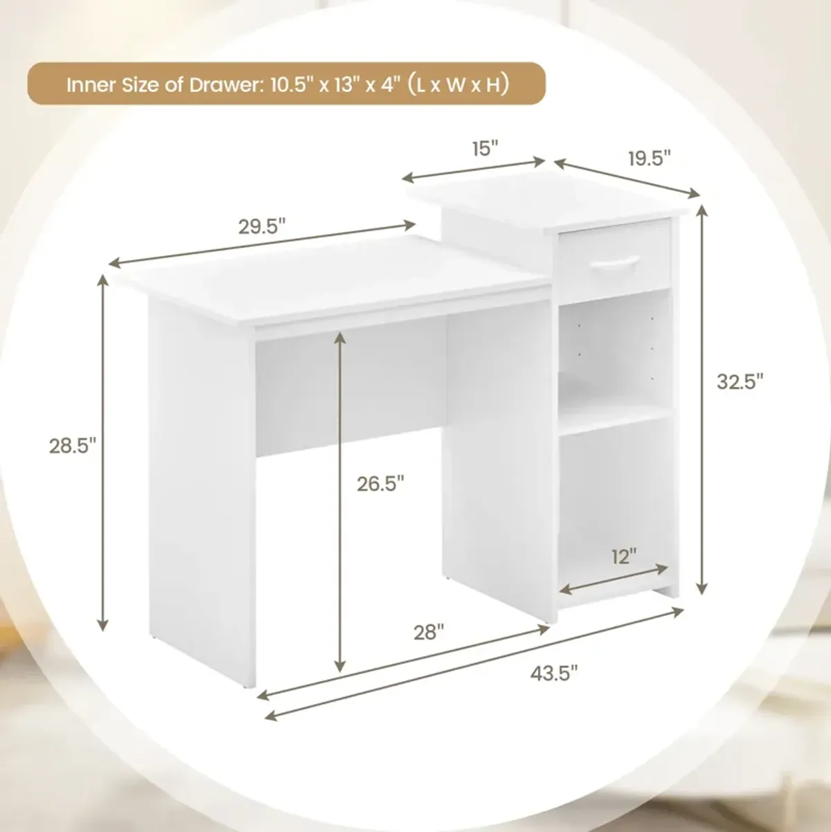 Computer Desk with Drawer Modern Laptop PC Desk with Adjustable Shelf and Cable Hole-White