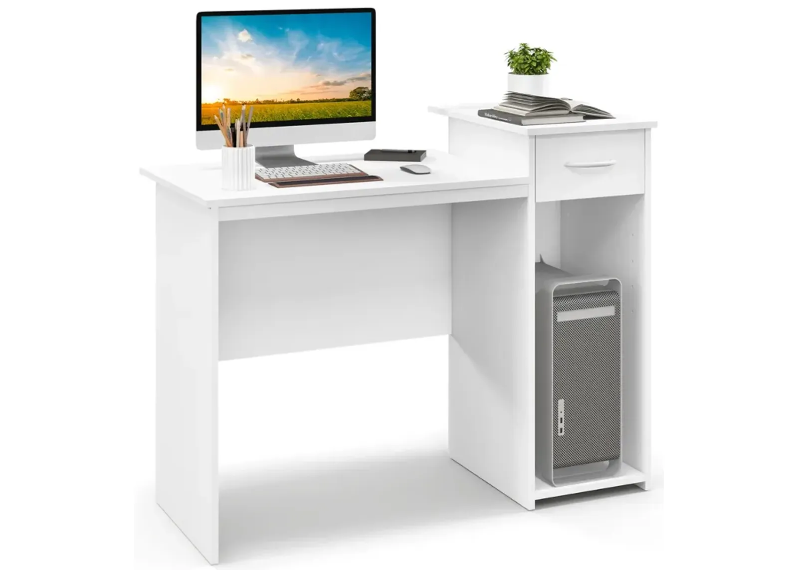 Computer Desk with Drawer Modern Laptop PC Desk with Adjustable Shelf and Cable Hole-White