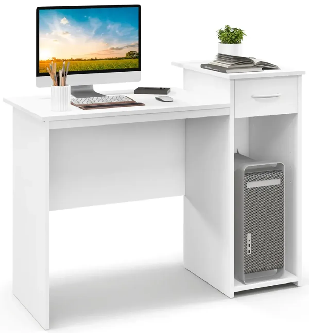 Computer Desk with Drawer Modern Laptop PC Desk with Adjustable Shelf and Cable Hole-White