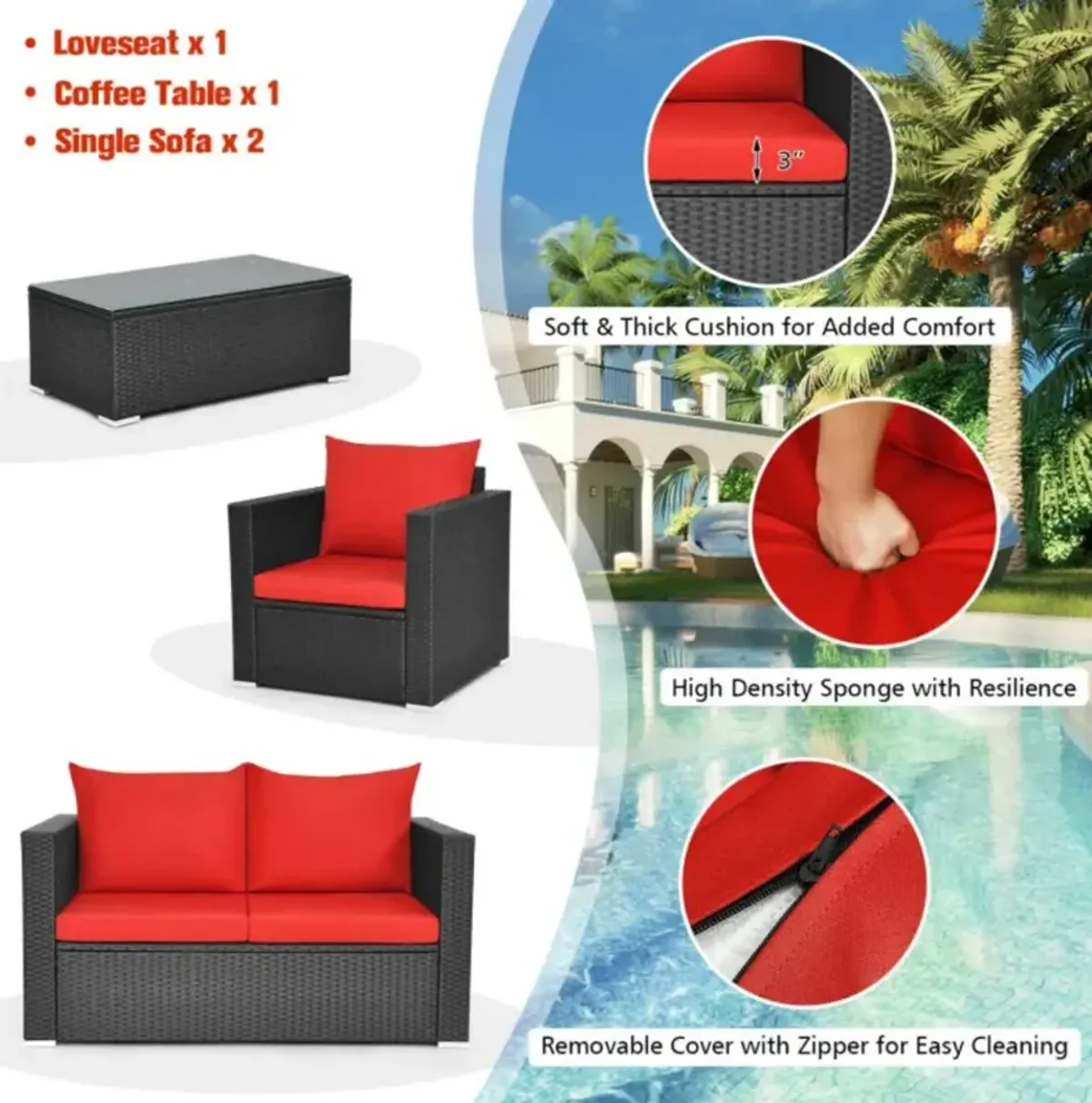 Hivvago 4 Pieces Patio Rattan Conversation Set with Padded Cushions