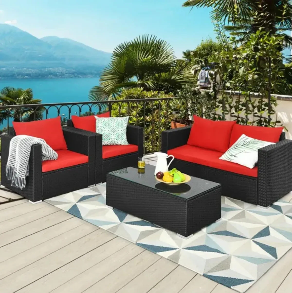 Hivvago 4 Pieces Patio Rattan Conversation Set with Padded Cushions