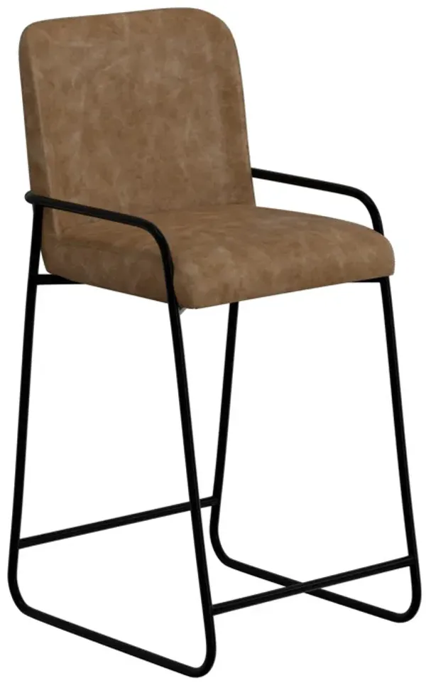Suze Barstool Chair, Arched Back, Black Iron, Cognac Brown Faux Leather - Benzara