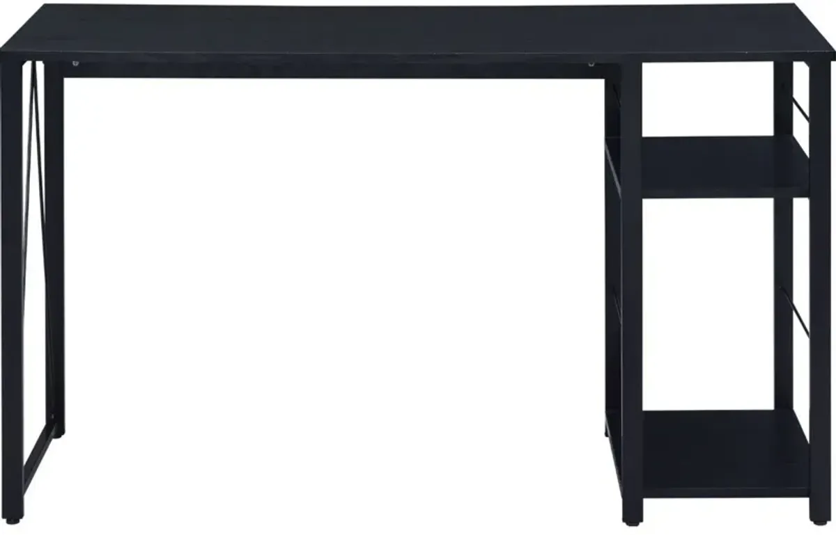 Writing Desk with 2 Tier Side Shelves and Tubular Metal Legs, Black-Benzara