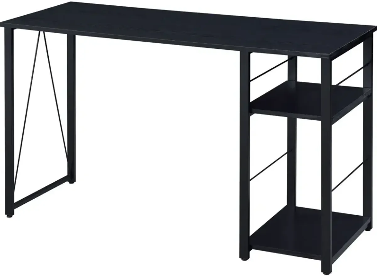 Writing Desk with 2 Tier Side Shelves and Tubular Metal Legs, Black-Benzara