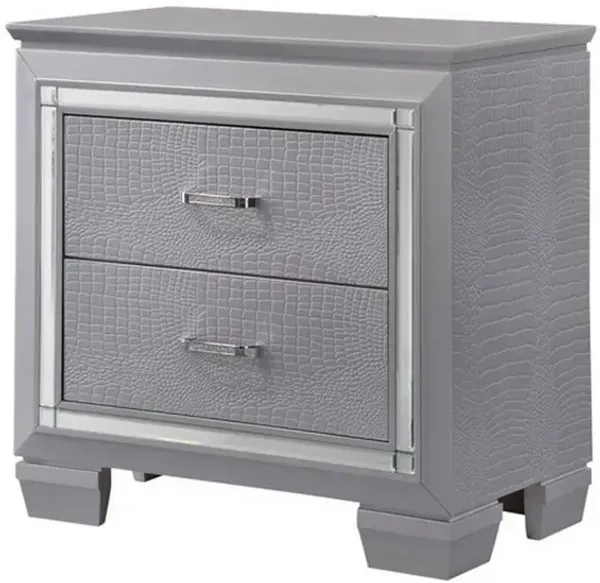 Two Drawer Wooden Nightstand with Textured Details and Mirror Accents, Gray-Benzara