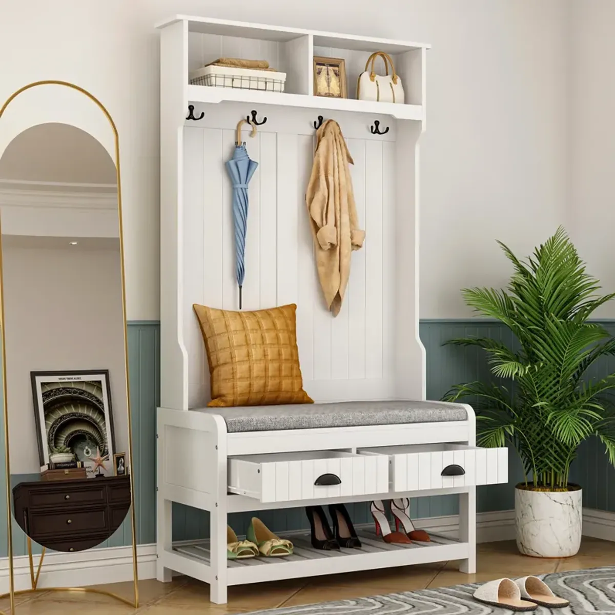 68.5 in. White Wood 3-in-1 Hall Tree Coat Rack Storage Bench with 4-Metal Double Hooks and 2-Drawers, Shelves