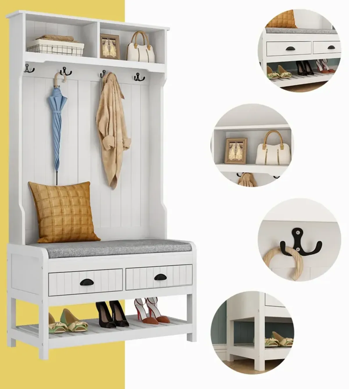 68.5 in. White Wood 3-in-1 Hall Tree Coat Rack Storage Bench with 4-Metal Double Hooks and 2-Drawers, Shelves