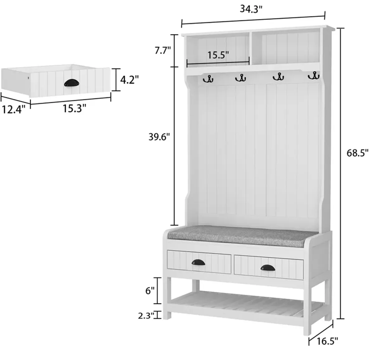 68.5 in. White Wood 3-in-1 Hall Tree Coat Rack Storage Bench with 4-Metal Double Hooks and 2-Drawers, Shelves