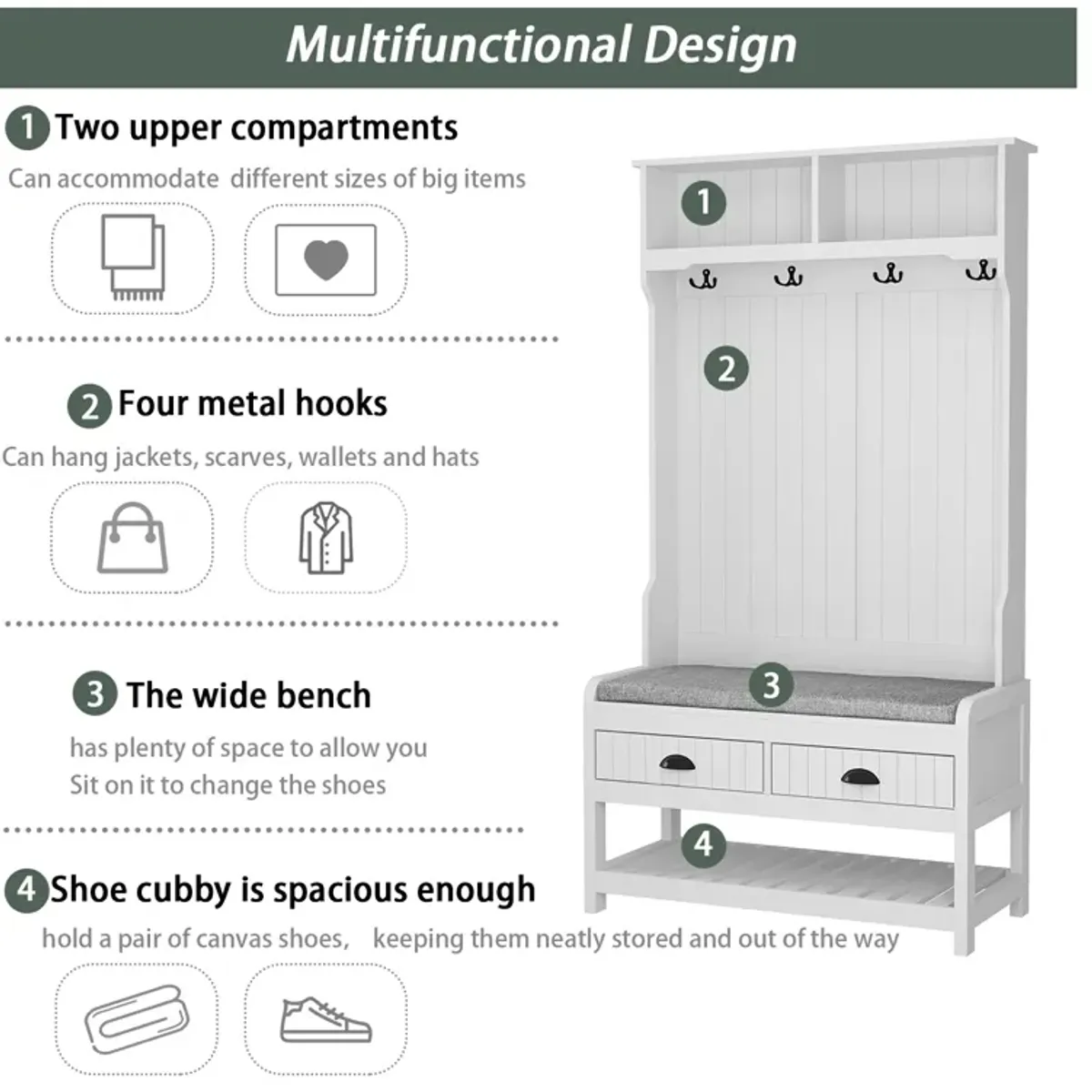 68.5 in. White Wood 3-in-1 Hall Tree Coat Rack Storage Bench with 4-Metal Double Hooks and 2-Drawers, Shelves