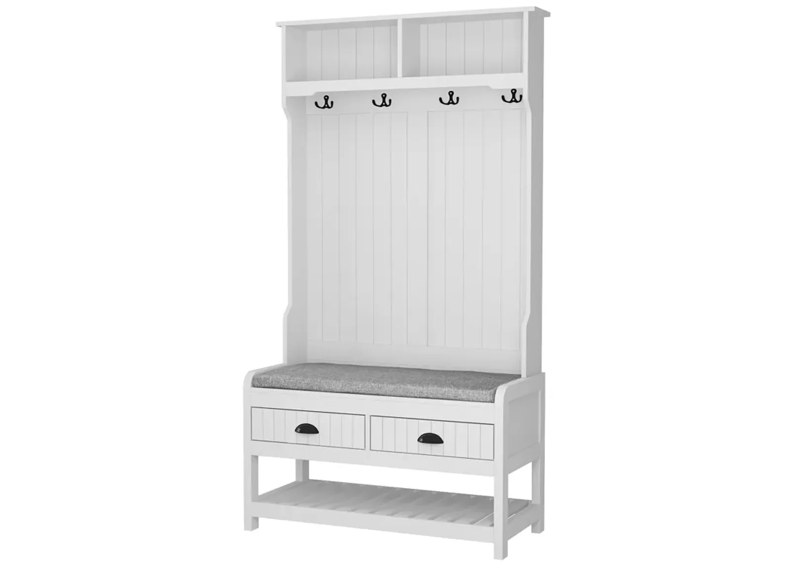 68.5 in. White Wood 3-in-1 Hall Tree Coat Rack Storage Bench with 4-Metal Double Hooks and 2-Drawers, Shelves