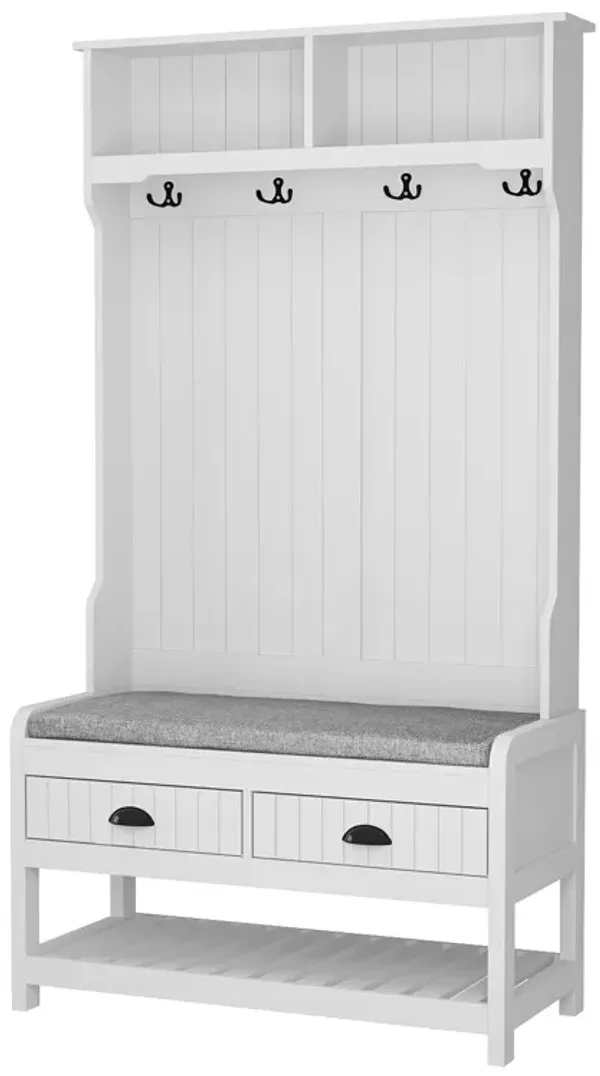 68.5 in. White Wood 3-in-1 Hall Tree Coat Rack Storage Bench with 4-Metal Double Hooks and 2-Drawers, Shelves