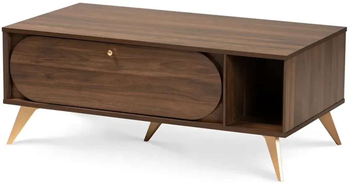 Baxton Studio Edel Mid Century Modern Walnut Brown And Gold Finished Wood Coffee Table