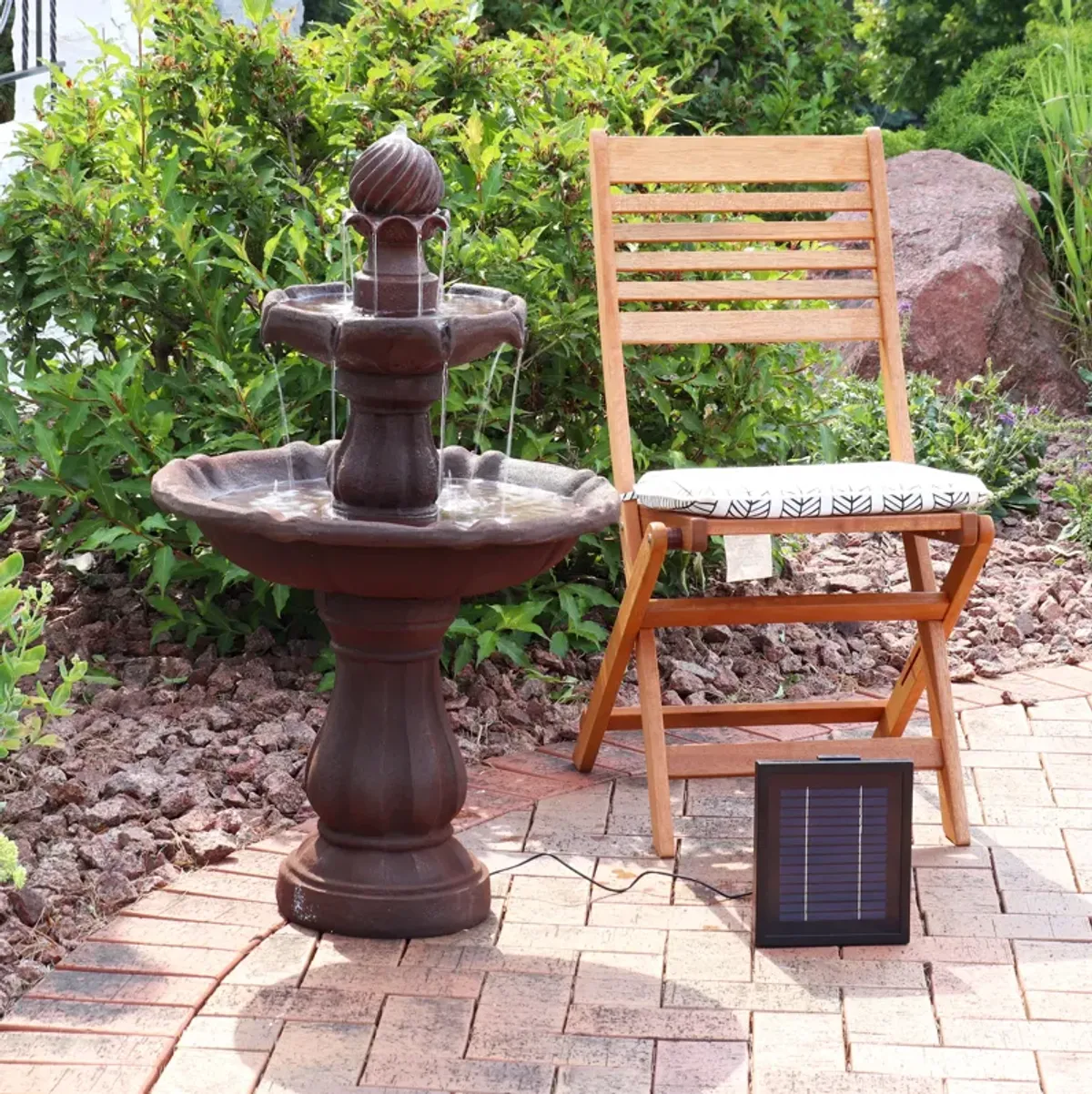 Sunnydaze Resin Outdoor 2-Tier Solar Water Fountain with Battery