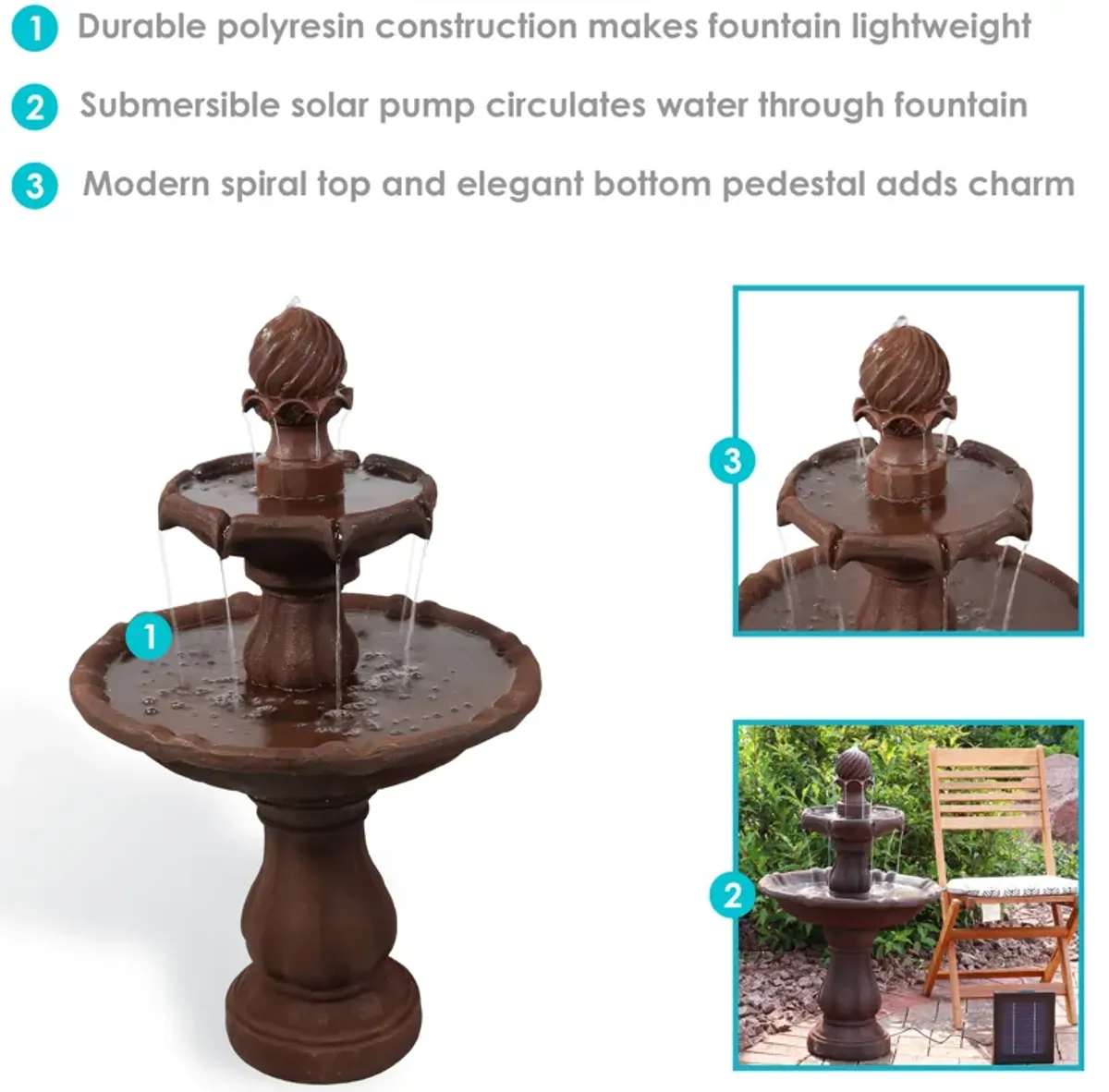 Sunnydaze Resin Outdoor 2-Tier Solar Water Fountain with Battery