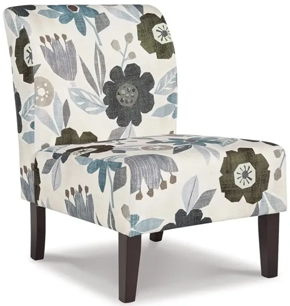 Rima Accent Chair, Ivory Gray Floral Pattern Polyester Cushion, Black Wood - Benzara