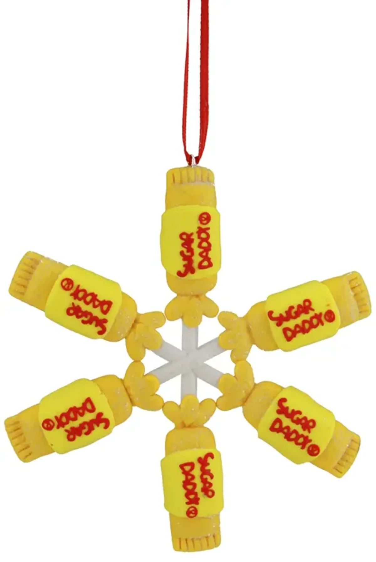 4" Yellow and Red Tootsie Roll Sugar Daddy Lollipop Snowflake Christmas Ornament