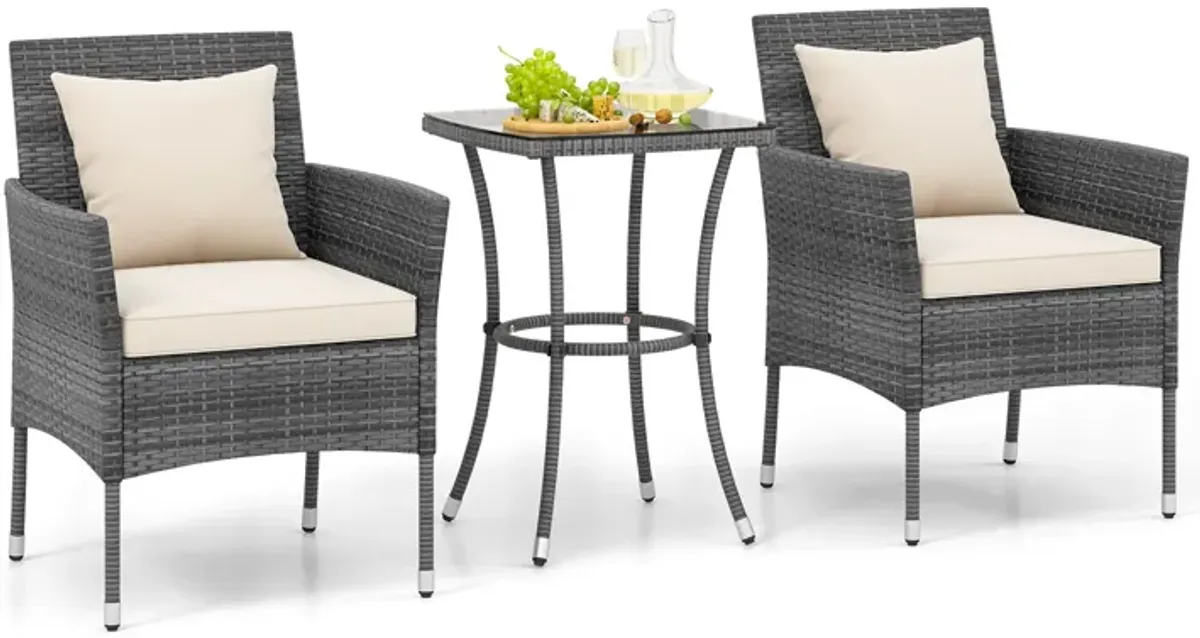 3 Pieces Patio Furniture Set with Cushioned Patio Chairs and Tempered Glass Coffee Table-White