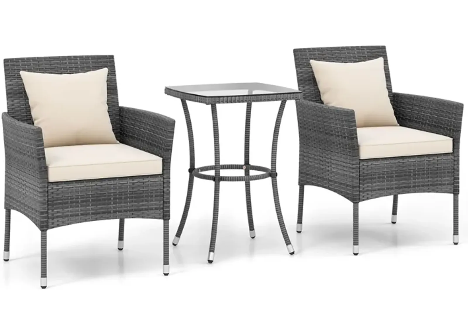 3 Pieces Patio Furniture Set with Cushioned Patio Chairs and Tempered Glass Coffee Table-White