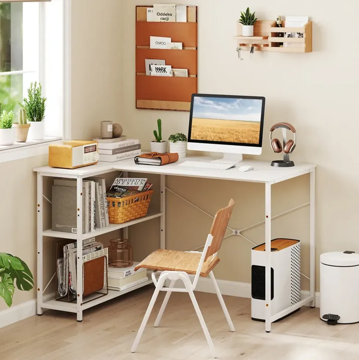 L-Shaped Reversible Corner Desk with Adjustable Storage Shelves for Home Office