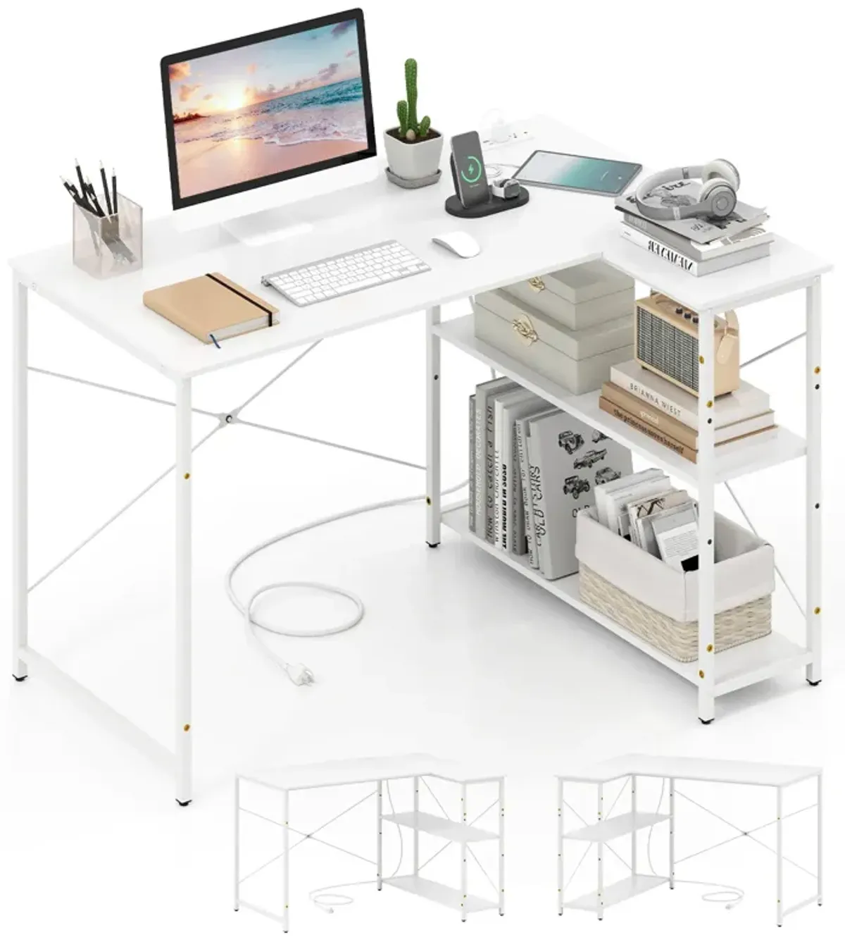 L-Shaped Reversible Corner Desk with Adjustable Storage Shelves for Home Office