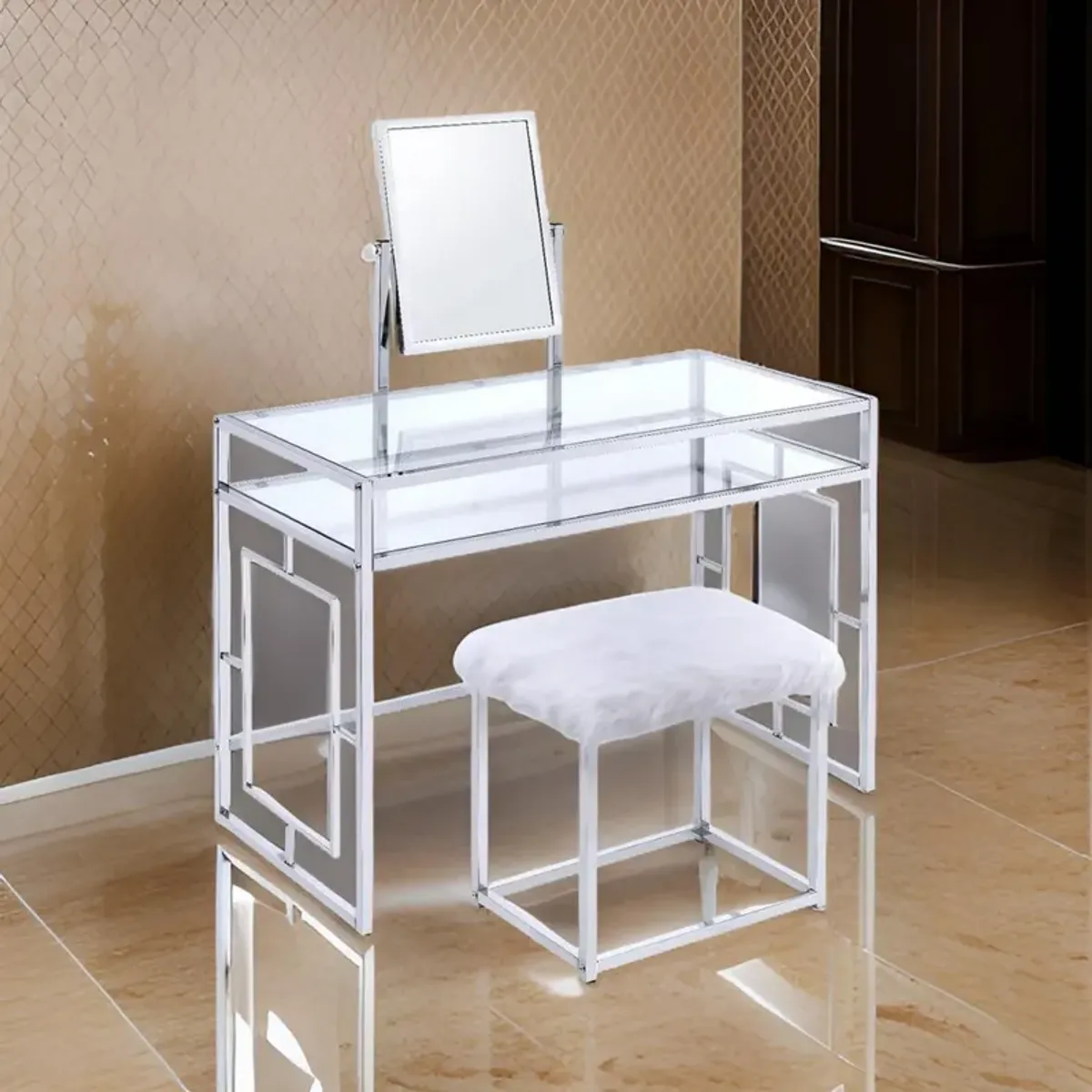 42 Inch Vanity Desk with Faux Fur Stool, Mirror, Glam Chrome Metal Frame - Benzara