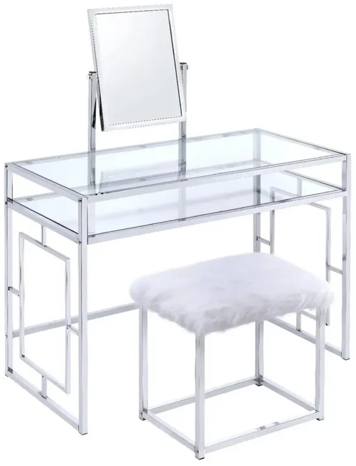 42 Inch Vanity Desk with Faux Fur Stool, Mirror, Glam Chrome Metal Frame - Benzara