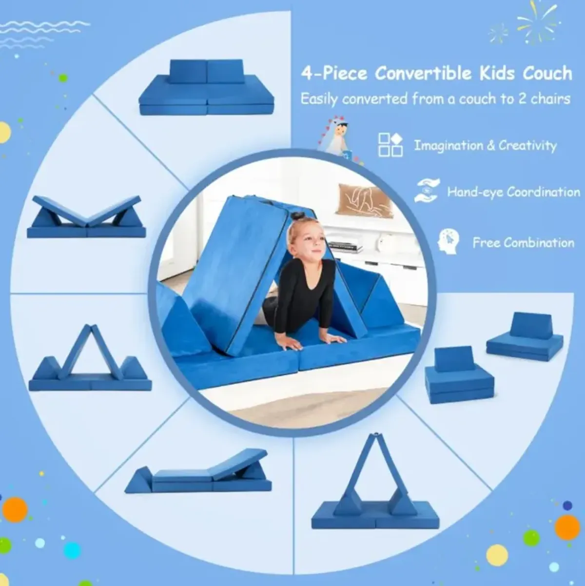 Hivvago 4 Pieces Convertible Kids Couch Set with 2 Folding Mats