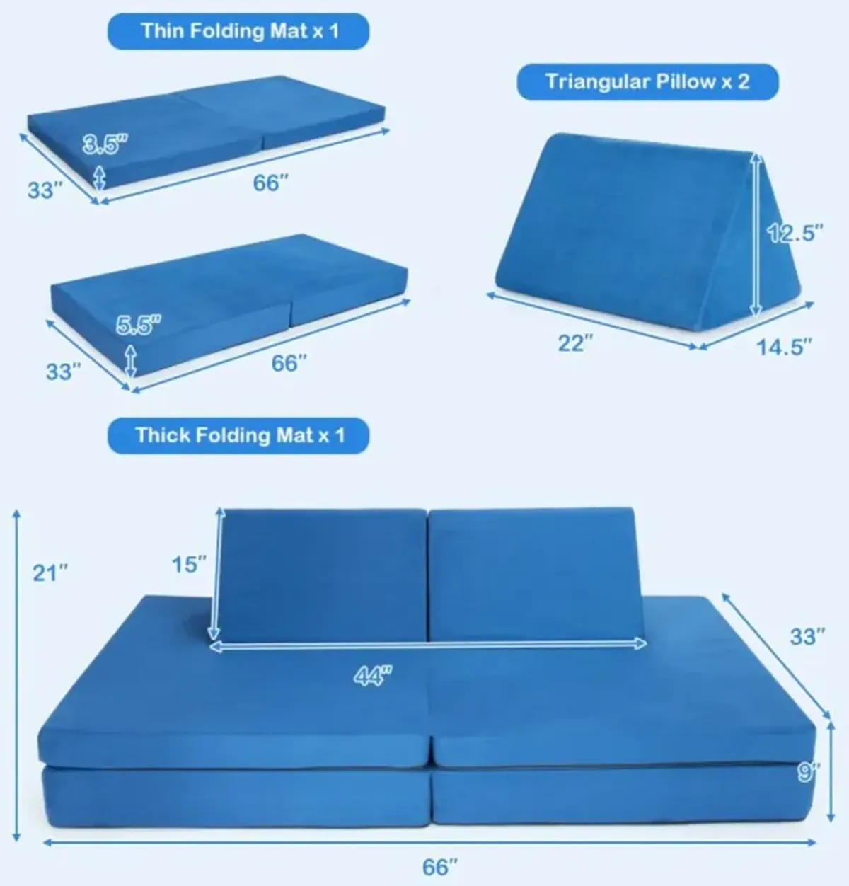 Hivvago 4 Pieces Convertible Kids Couch Set with 2 Folding Mats