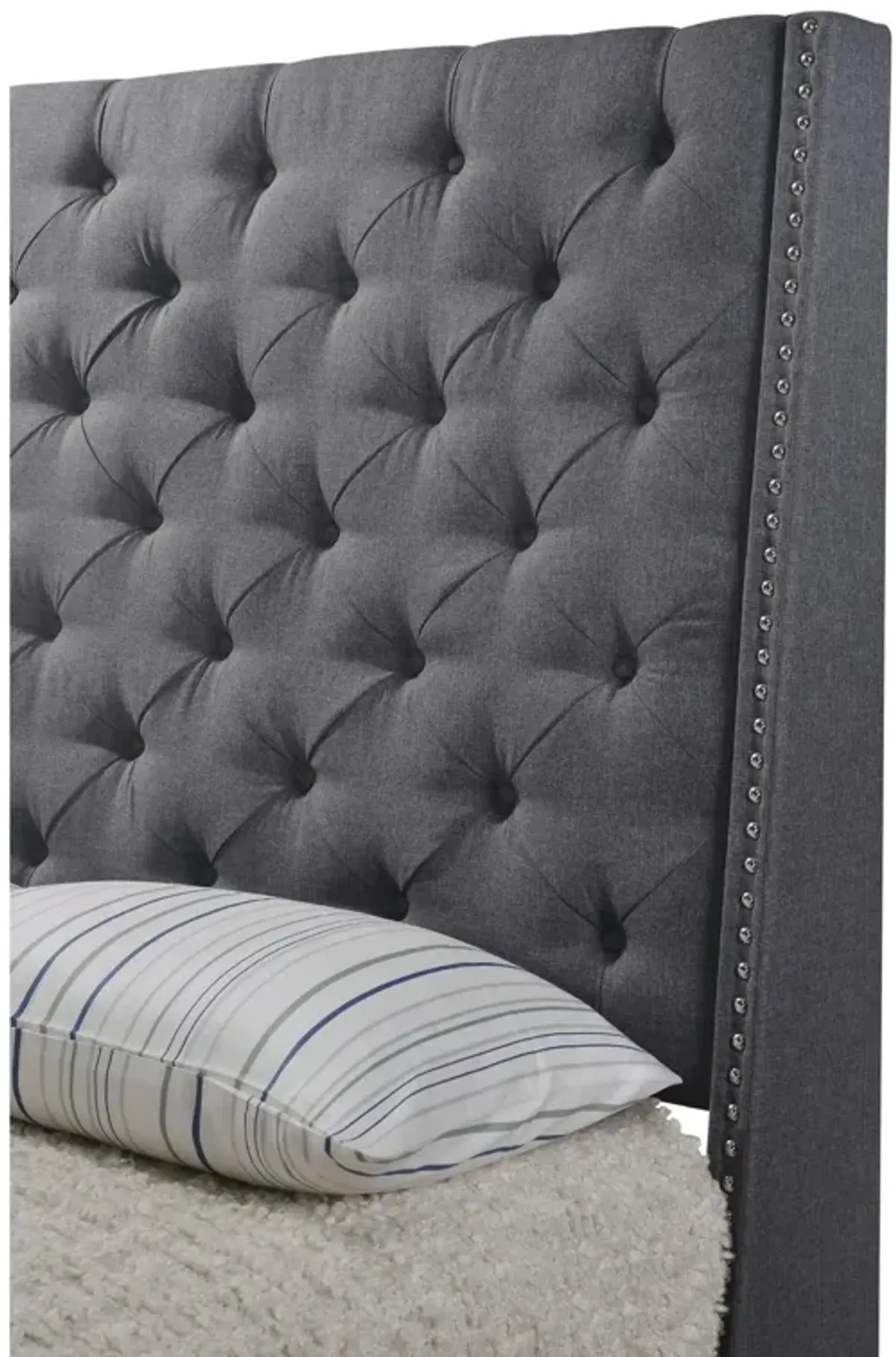 Benjara Maze Queen Size Bed, Button Tufted, Nailhead Trim, Gray Fabric Upholstery