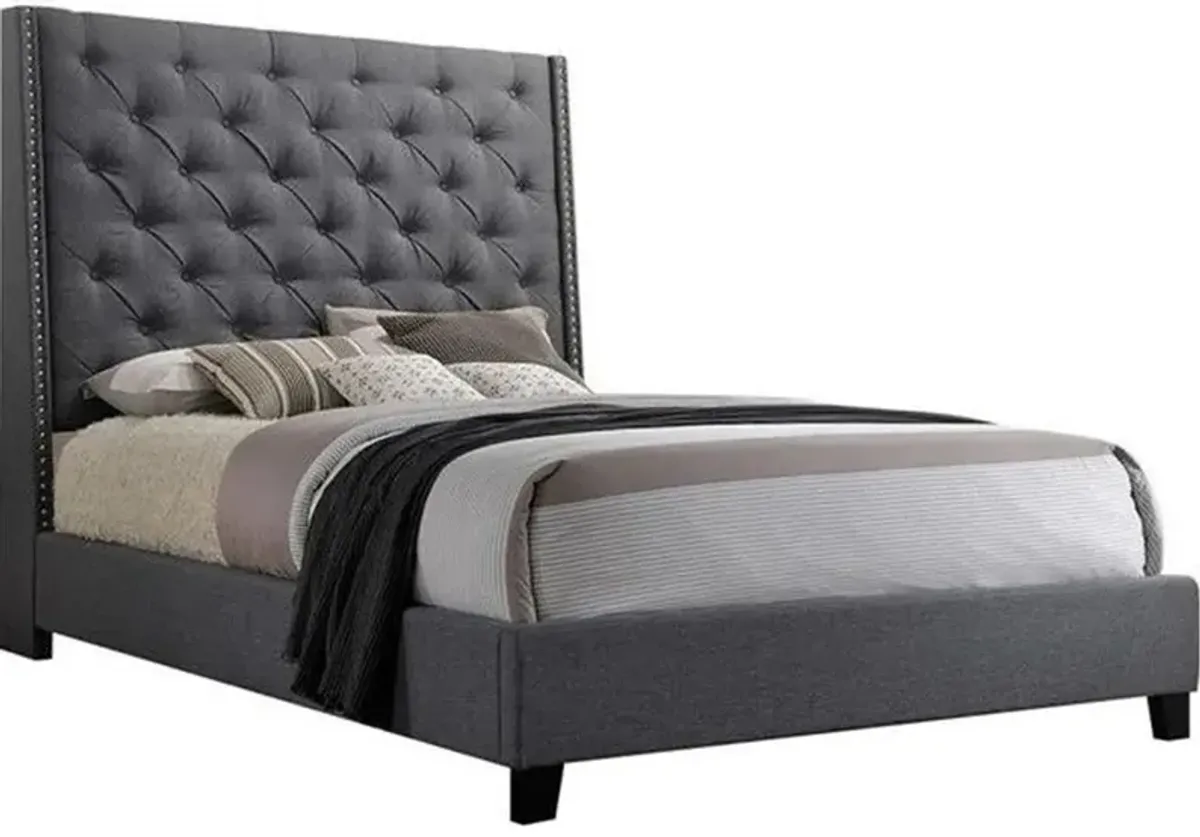 Benjara Maze Queen Size Bed, Button Tufted, Nailhead Trim, Gray Fabric Upholstery