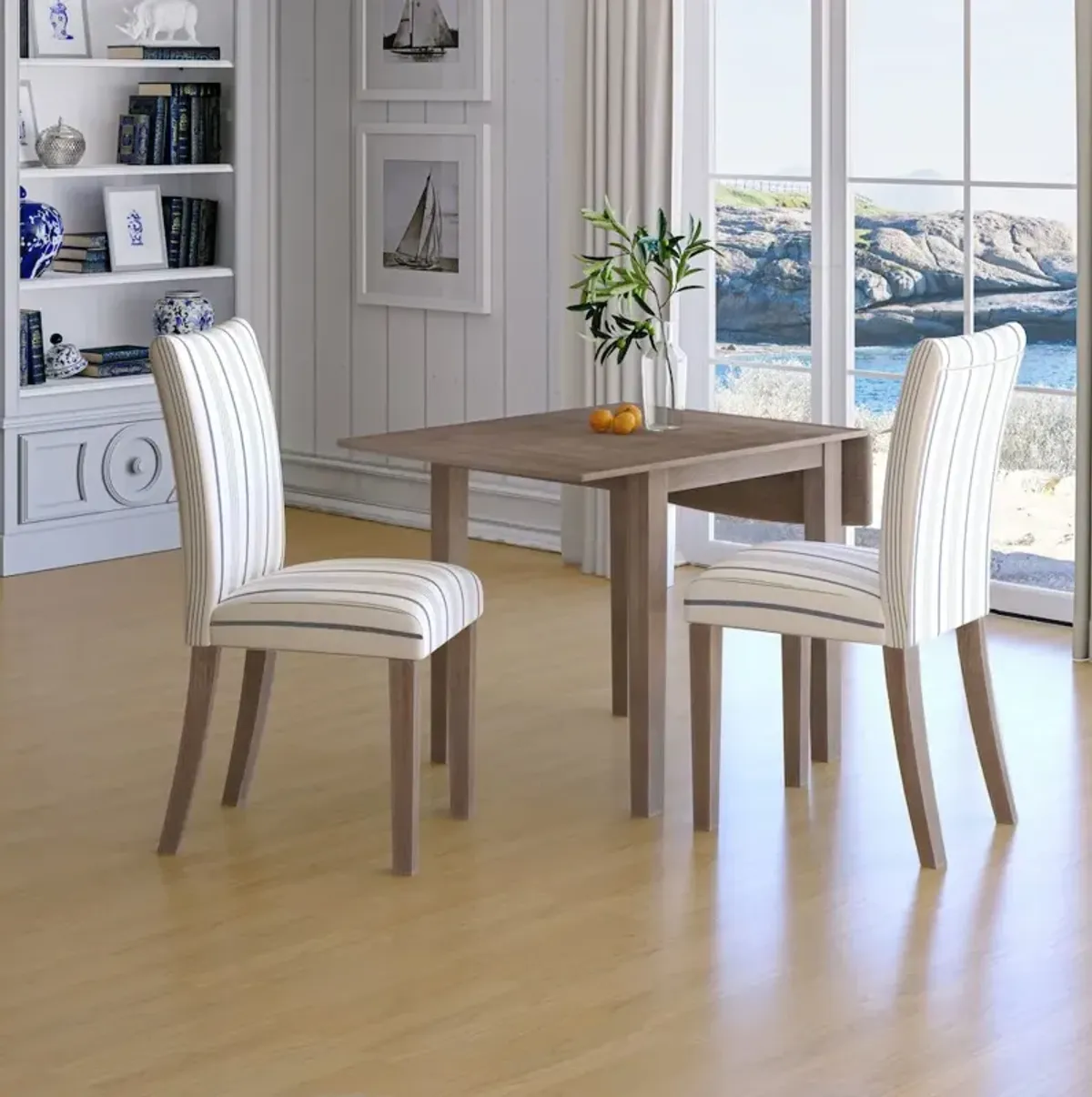 Jofran Eastern Tides Coastal Wire-Brushed Wood Three Piece Upholstered Dining Set