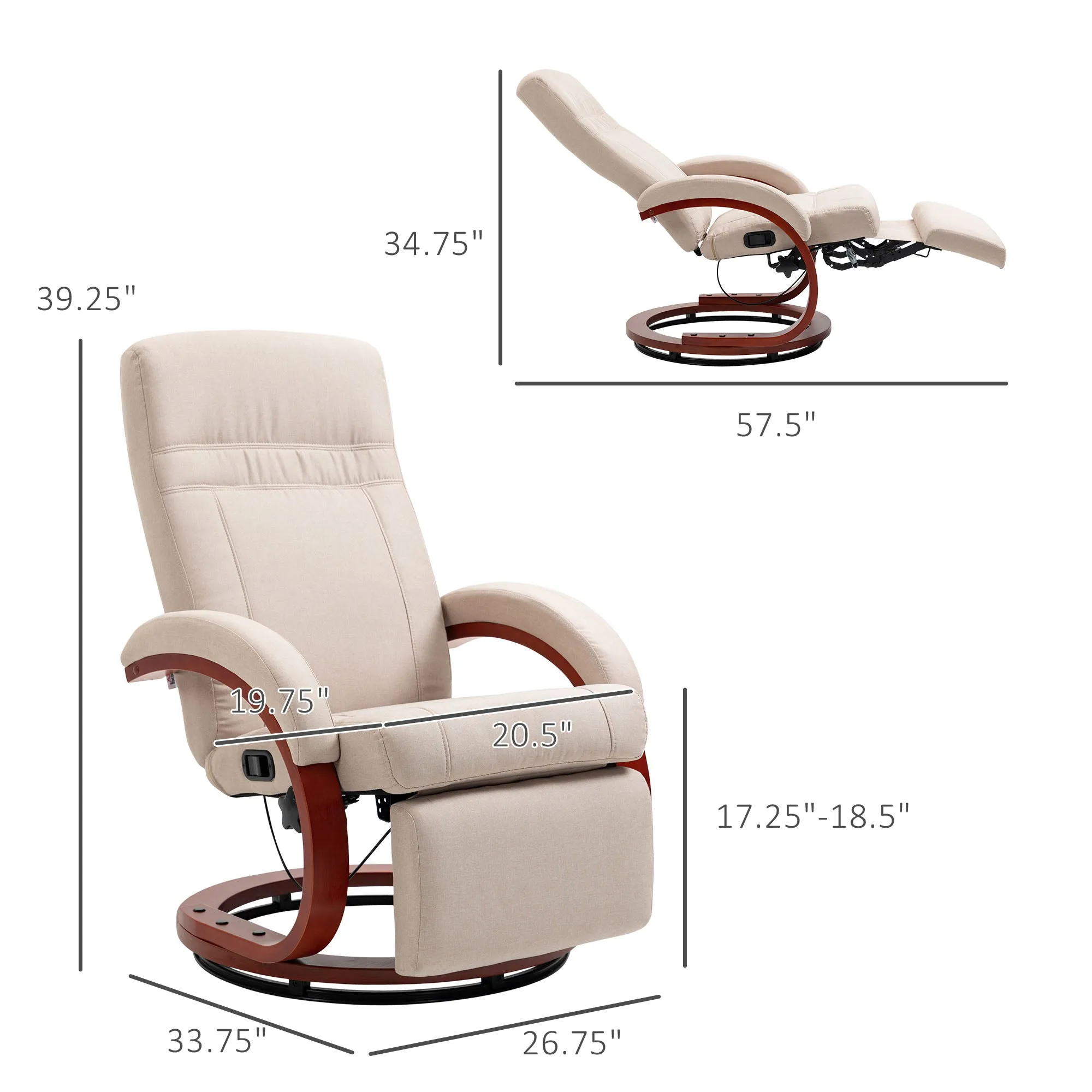 Beige Manual Recliner: Swivel, Footrest, Wood Base