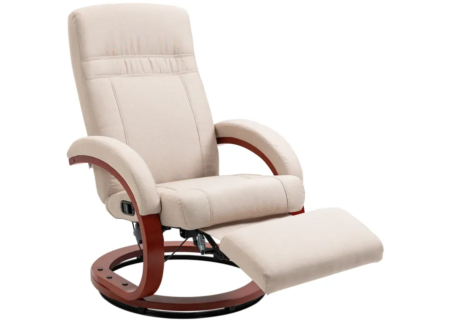 Beige Manual Recliner: Swivel, Footrest, Wood Base