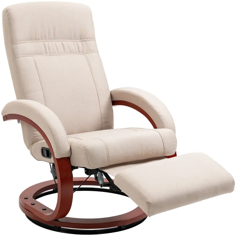 Beige Manual Recliner: Swivel, Footrest, Wood Base