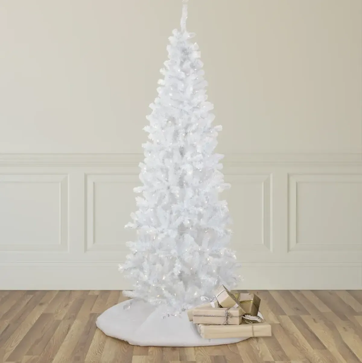 7.5' Pre-Lit White Georgian Pine Pencil Artificial Christmas Tree  Warm White LED Lights