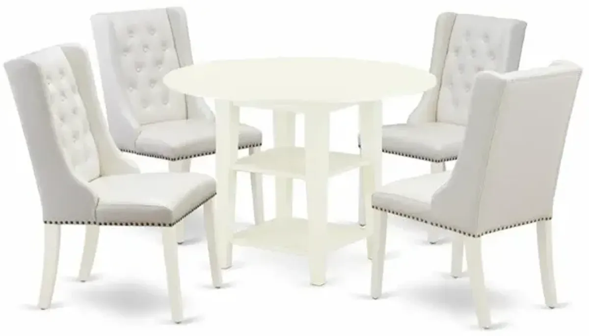 East West Furniture SUFO5-LWH-44 5-Piece Kitchen Table Set Includes 1 Table with Drop Leaves and Two Shelves - 4 Light Grey Linen Fabric Parson Chairs with Button Tufted Back - Linen White Finish