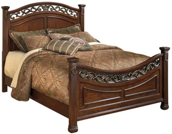 Aza Traditional Wood California King Bed, Leaf Carvings, Rich Cherry Brown - Benzara