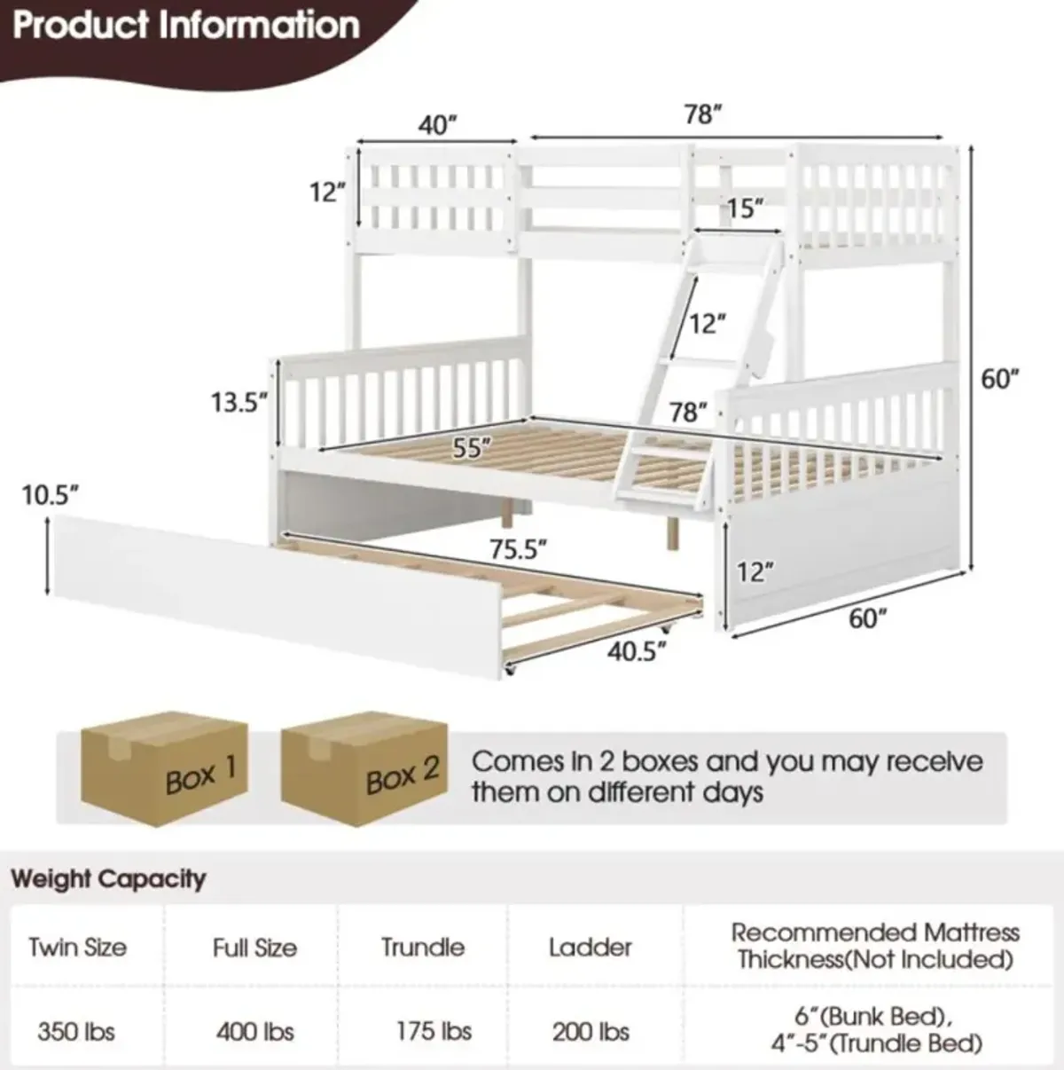 Hivvago Twin Over Full Convertible Bunk Bed with Twin Trundle