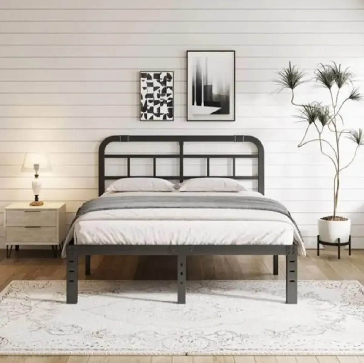 Heavy Duty Black Metal Platform Bed Frame with Headboard