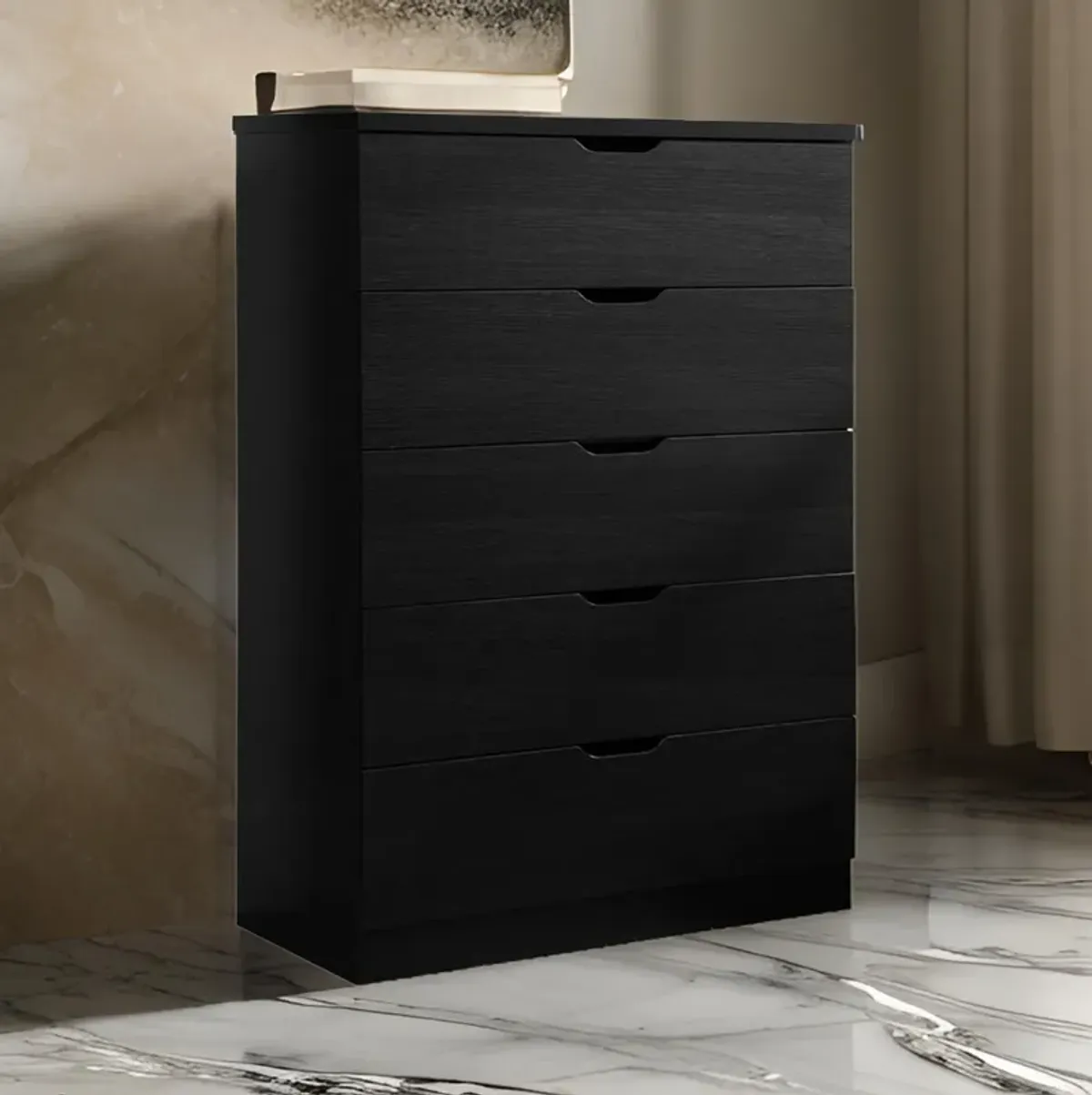 Tall Dresser Chest, 44 Inch Freestanding with 5 Drawers, Classic Black - Benzara