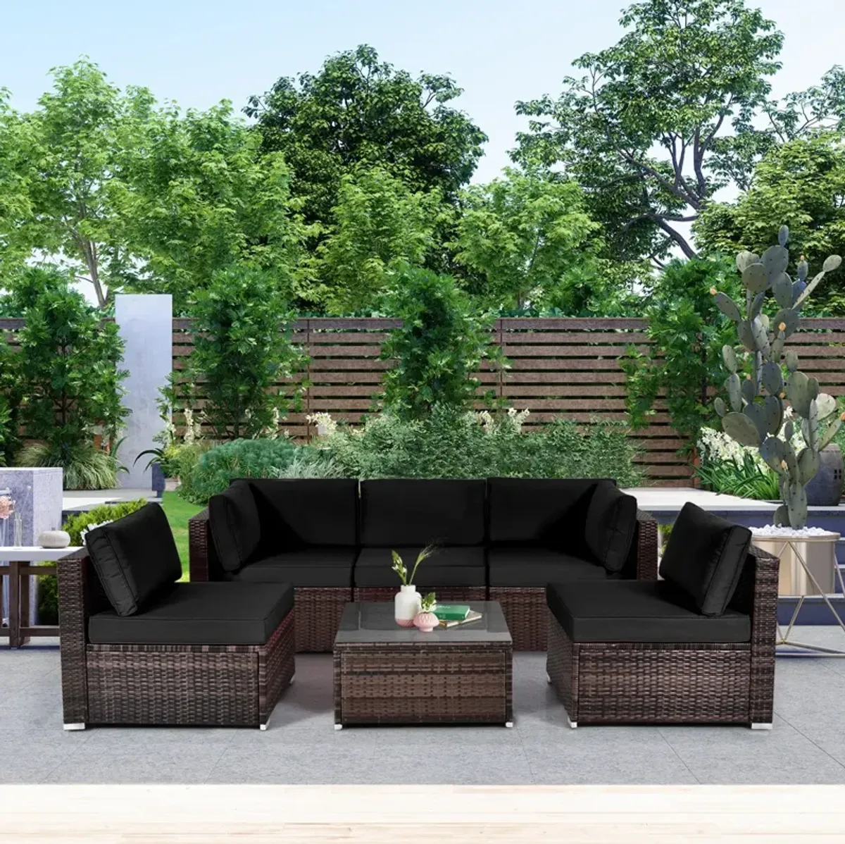 6 Pieces Patio Rattan Furniture Set with Cushions and Glass Coffee Table