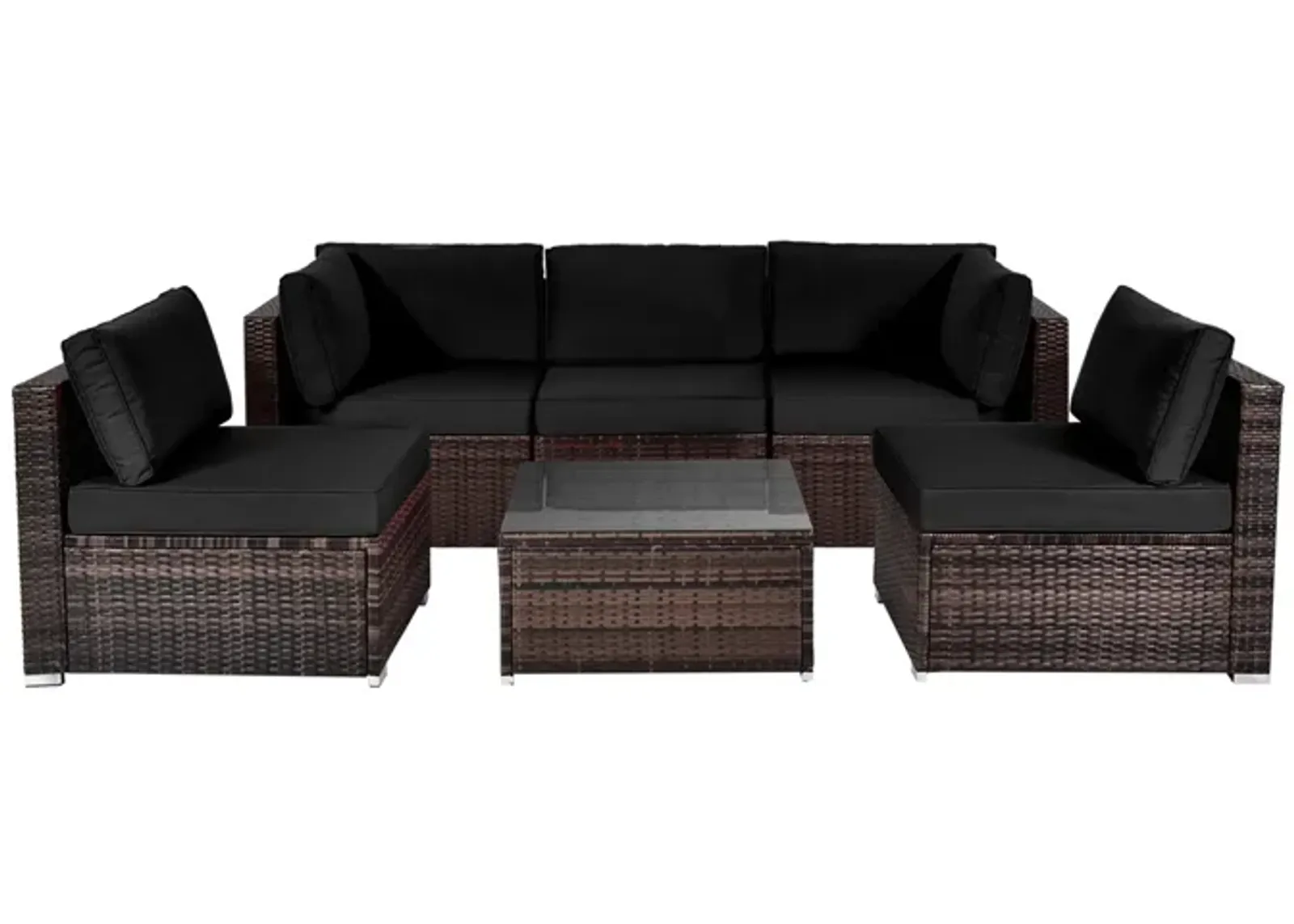 6 Pieces Patio Rattan Furniture Set with Cushions and Glass Coffee Table