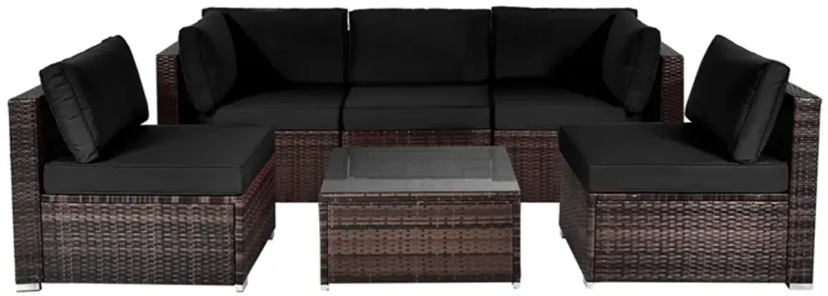 6 Pieces Patio Rattan Furniture Set with Cushions and Glass Coffee Table