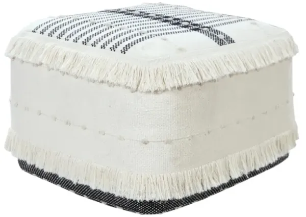 Hivvago 18 Inch White Cotton Striped Pouf Ottoman