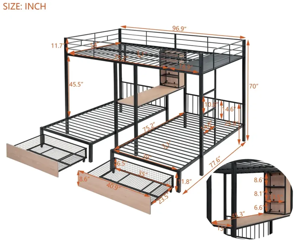 Merax Metal Triple Bunk Bed with Drawers